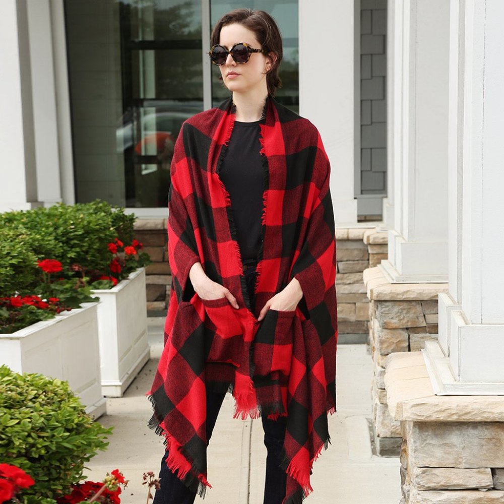 Buffalo Plaid Poncho W/Pockets
